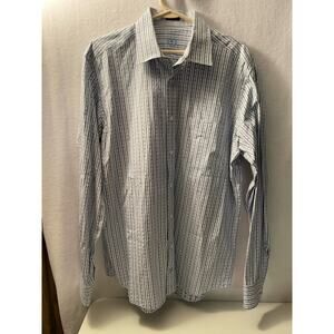 Bugatchi luxury designer shirt Button Mens blue‎ white long sleeve embroider Lg